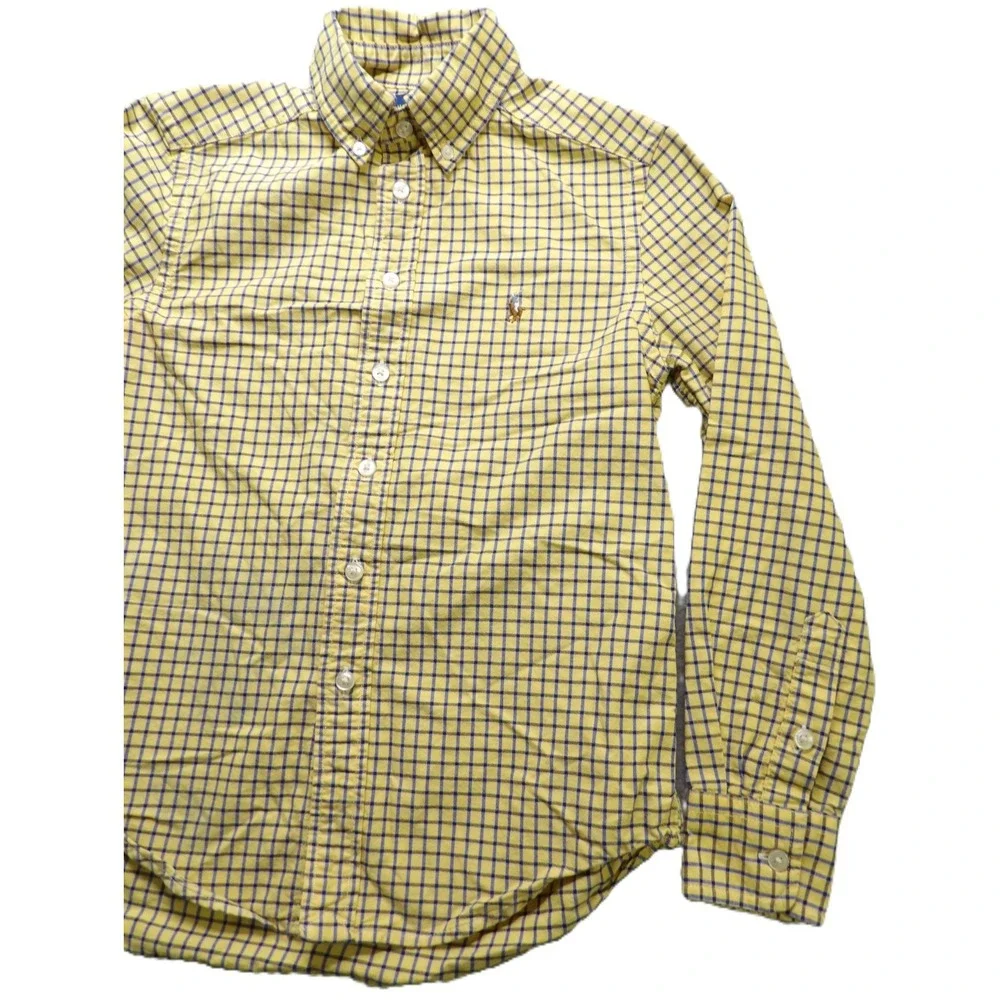 Ralph Lauren Boys Yellow Blue Plaid Long Sleeve Button Flesh Pony Shirt S 8 OCBD